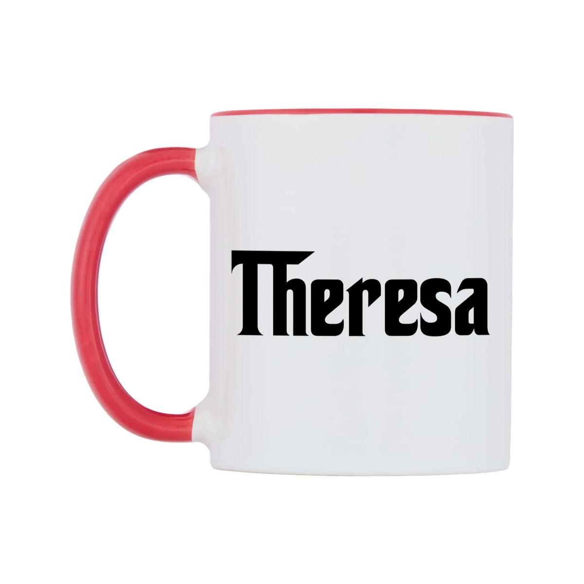 Theresa - Godfather Themed Mug — white 11oz gloss mug with a red inside and handle, right side, on a white background