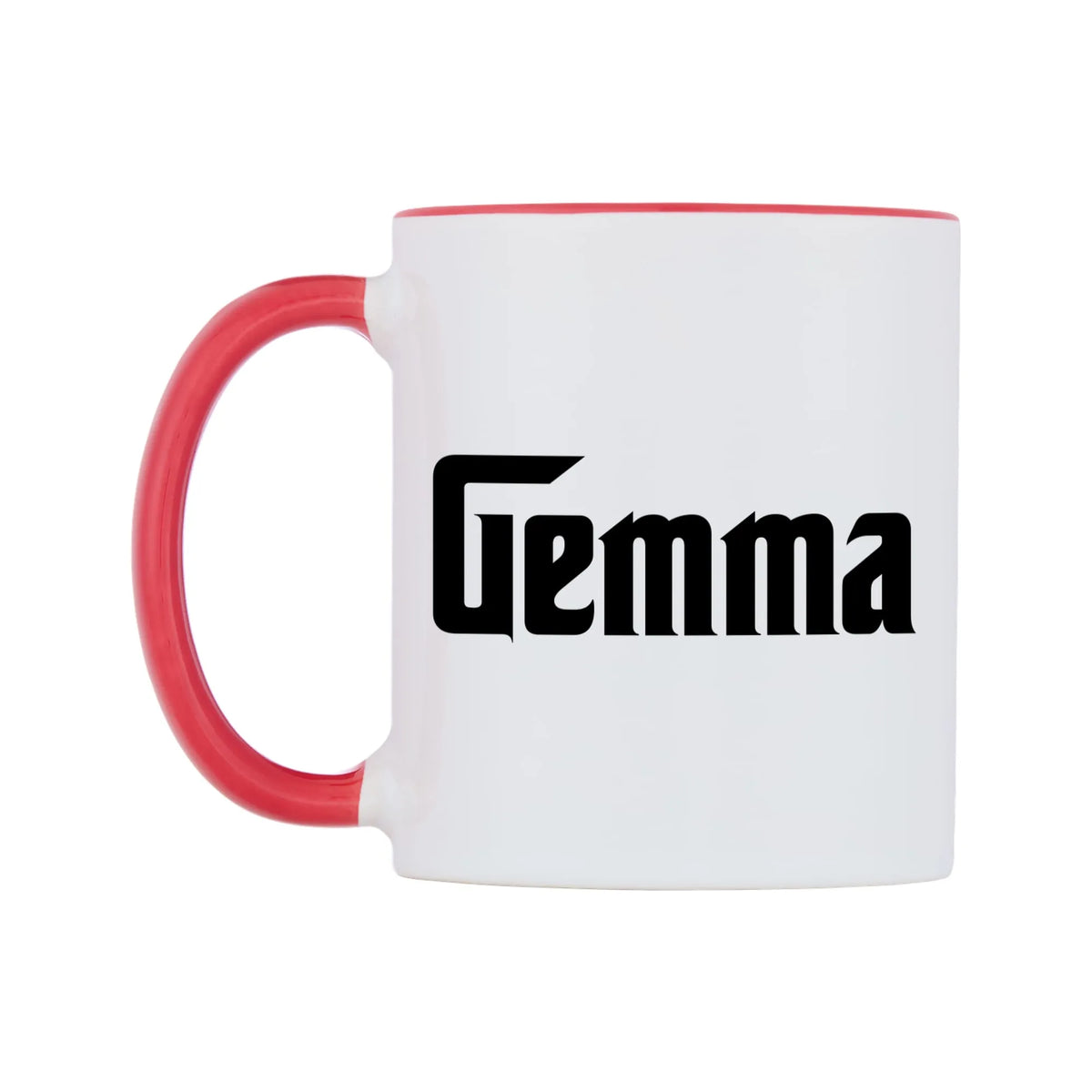 Gemma - Godfather Themed Mug — white 11oz gloss mug with a red inside and handle, right side, on a white background