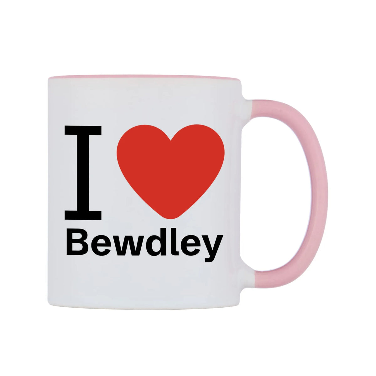 I Love Bewdley Mug — white 11oz gloss mug with a pink inside and handle, left side, on a white background
