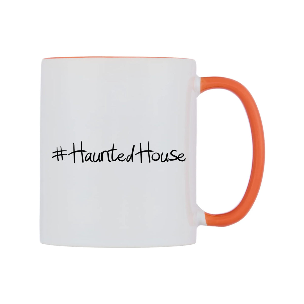 HauntedHouse Mug — white 11oz gloss mug with a orange inside and handle, left side, on a white background