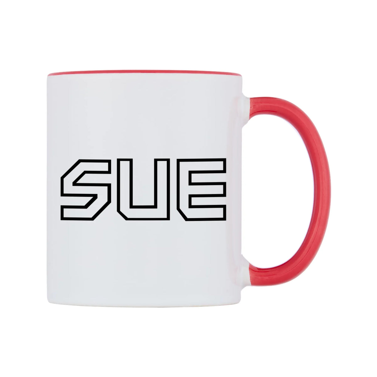 Sue - Iron Maiden Themed Mug — white 11oz gloss mug with a red inside and handle, left side, on a white background