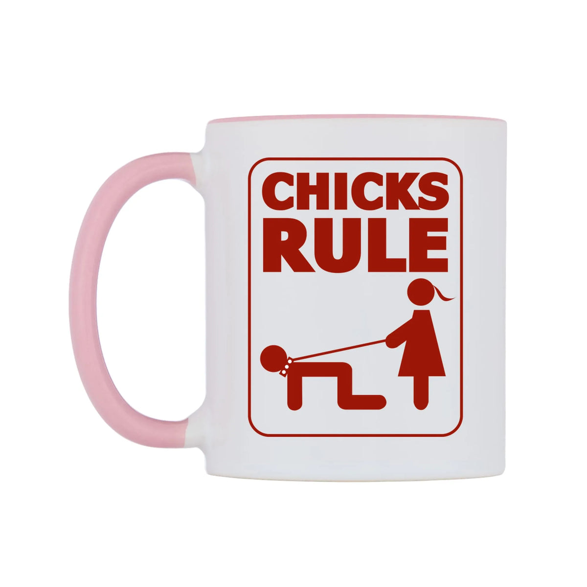 Chicks Rule Mug — white 11oz gloss mug with a pink inside and handle, right side, on a white background