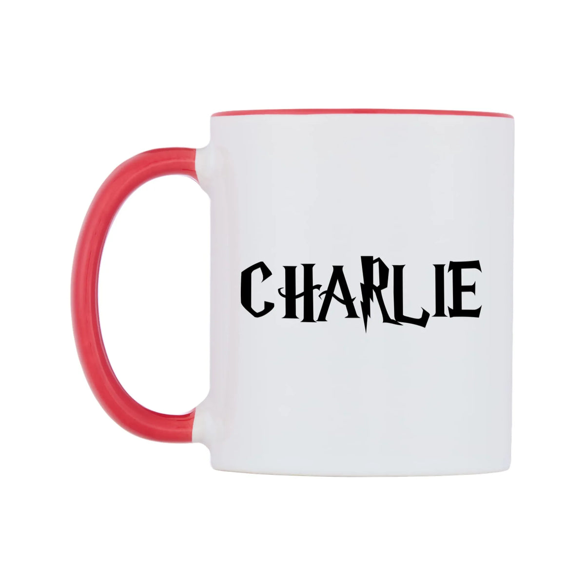 Charlie - Wizard Themed Mug — white 11oz gloss mug with a red inside and handle, right side, on a white background