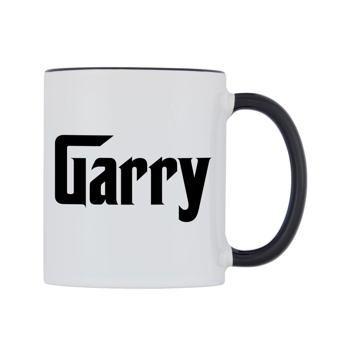 Garry - Godfather Themed Mug — white 11oz gloss mug with a black inside and handle, left side, on a white background