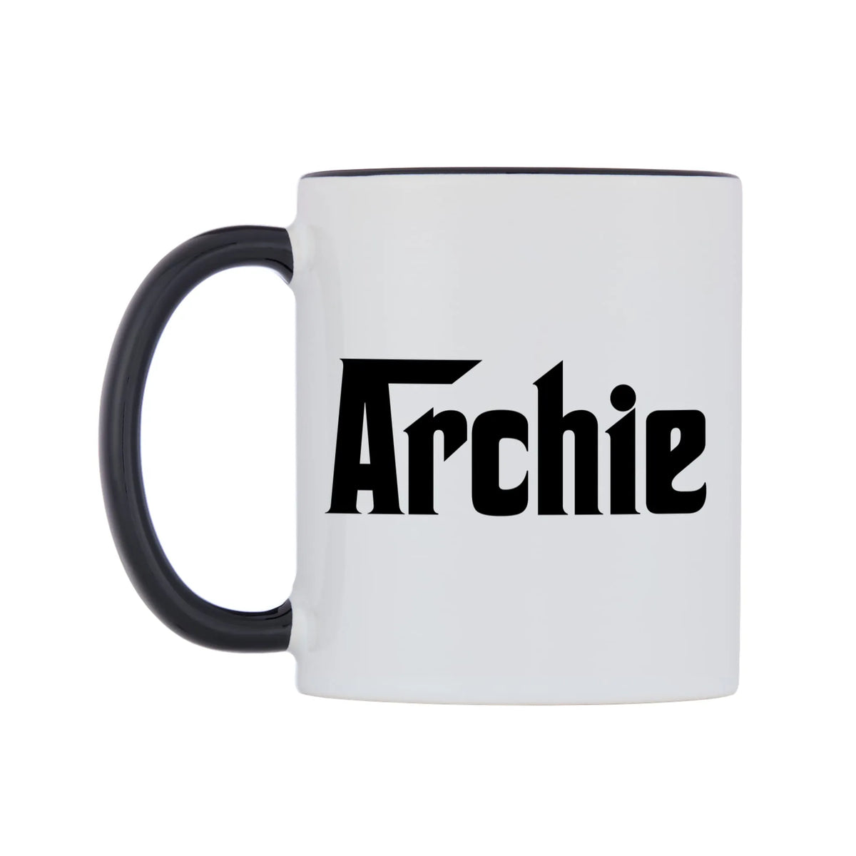 Archie - Godfather Themed Mug — white 11oz gloss mug with a black inside and handle, right side, on a white background