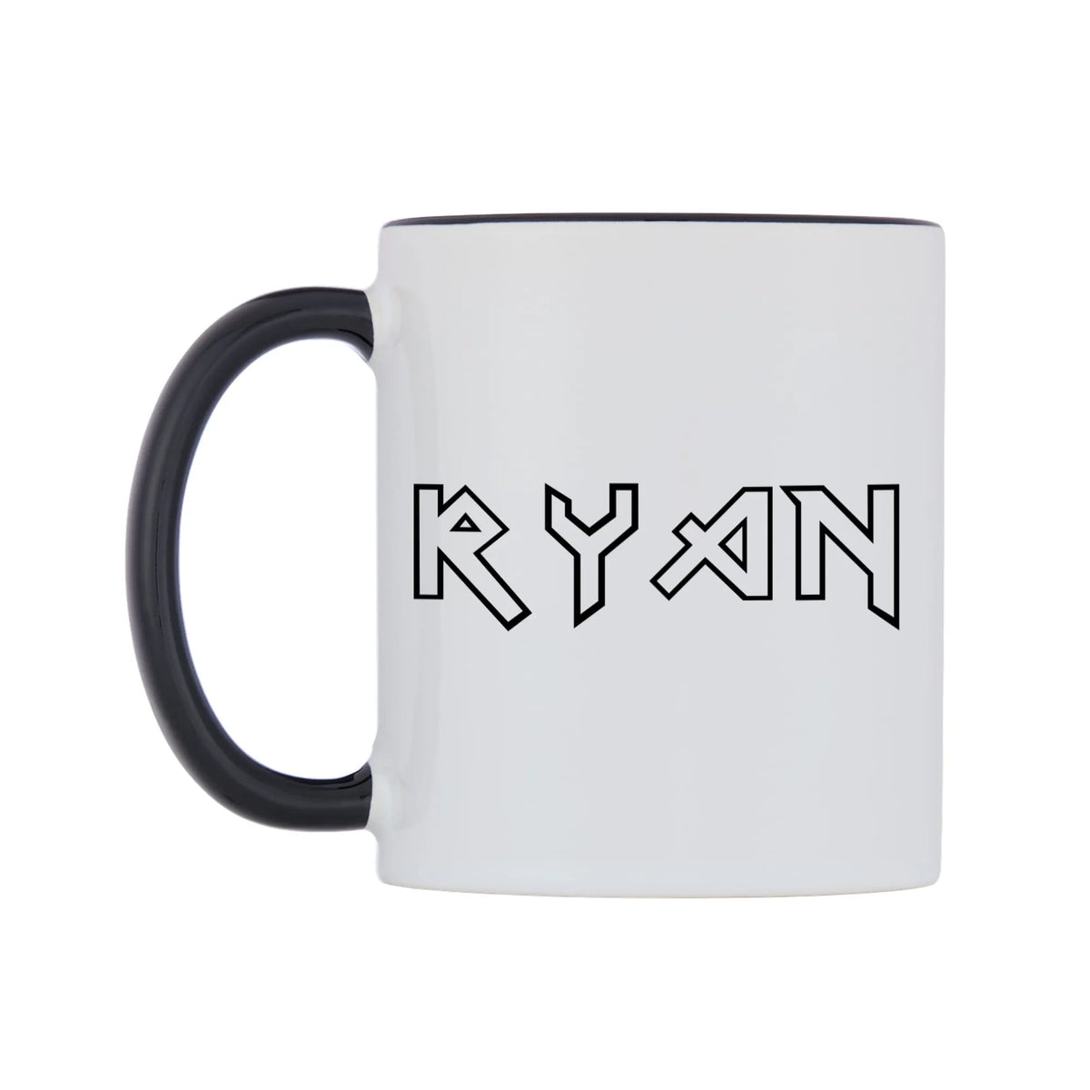 Ryan - Iron Maiden Themed Mug — white 11oz gloss mug with a black inside and handle, right side, on a white background