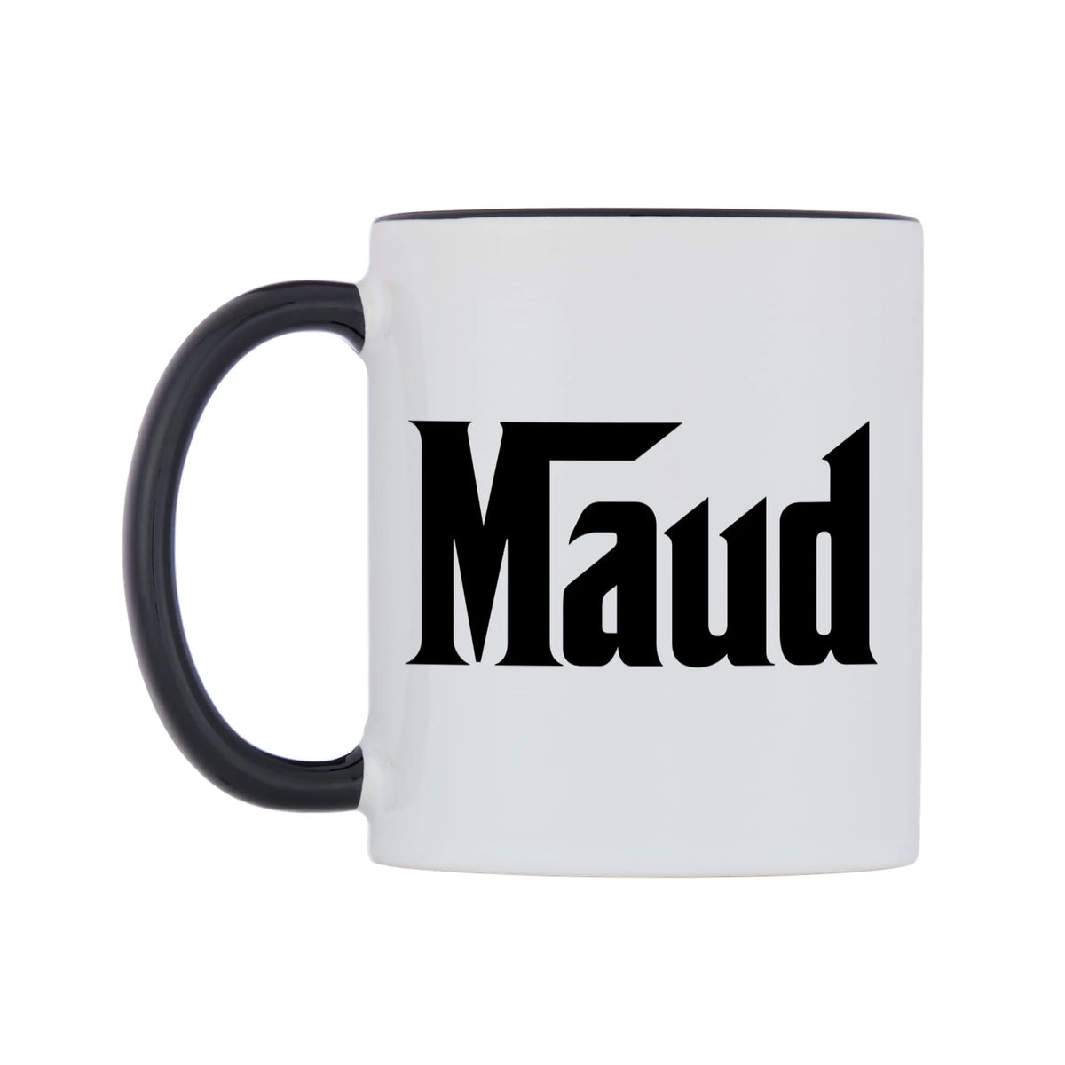 Maud - Godfather Themed Mug — white 11oz gloss mug with a black inside and handle, right side, on a white background