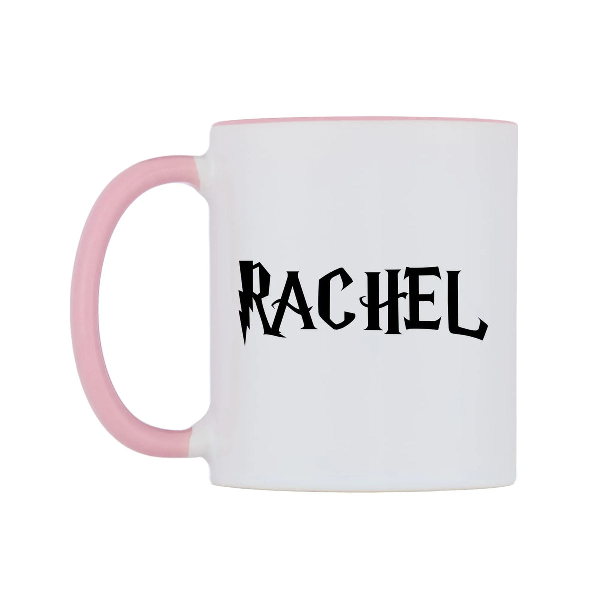 Rachel - Wizard Themed Mug — white 11oz gloss mug with a pink inside and handle, right side, on a white background