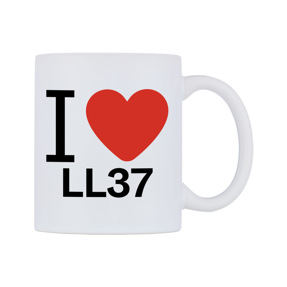 I Love LL37 Mug — white 11oz gloss mug, left side, on a white background