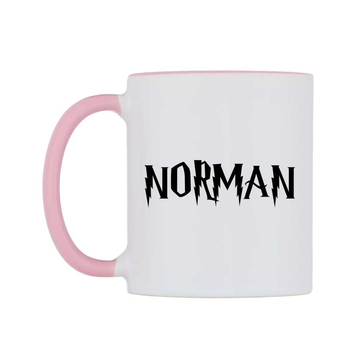 Norman - Wizard Themed Mug — white 11oz gloss mug with a pink inside and handle, right side, on a white background