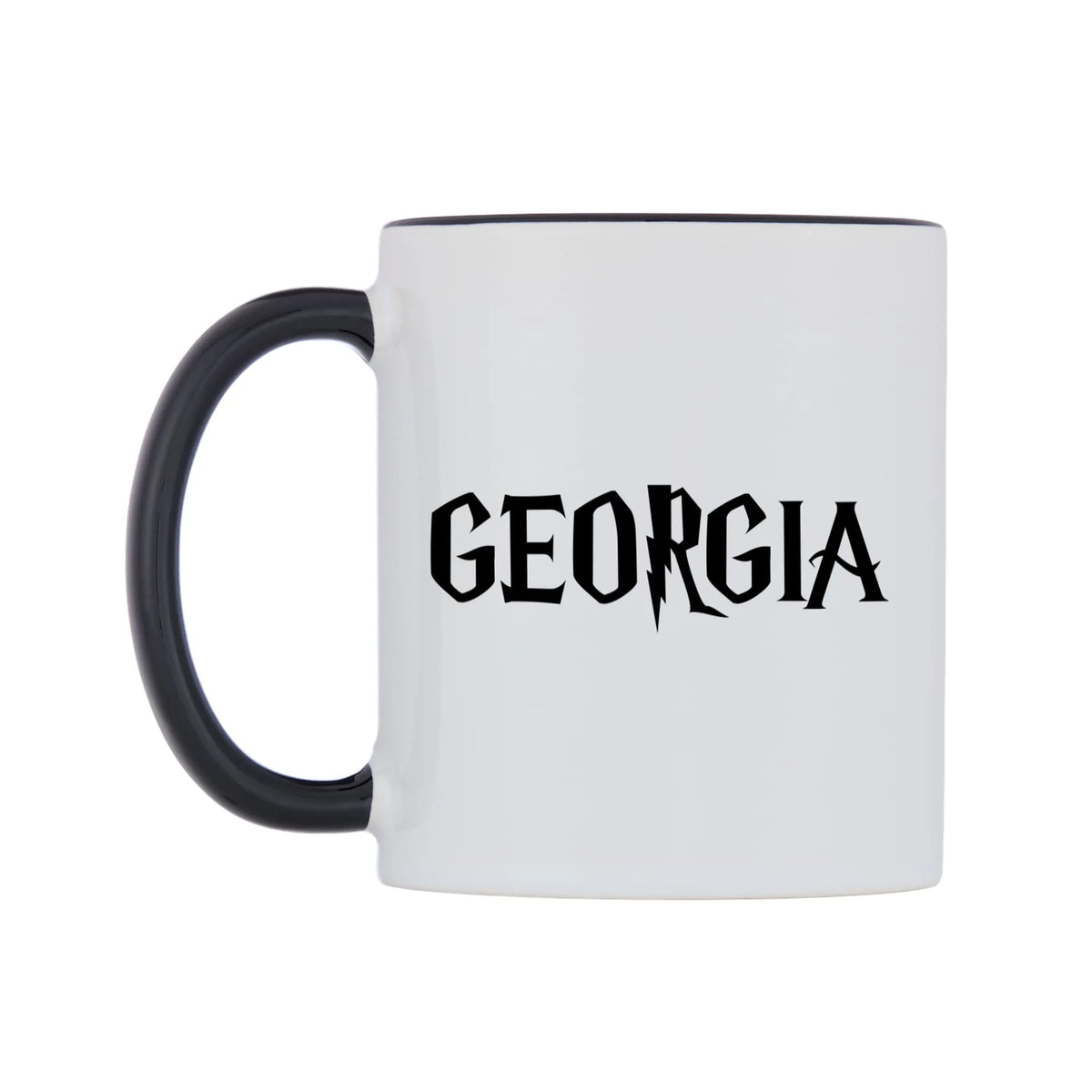 Georgia - Wizard Themed Mug — white 11oz gloss mug with a black inside and handle, right side, on a white background