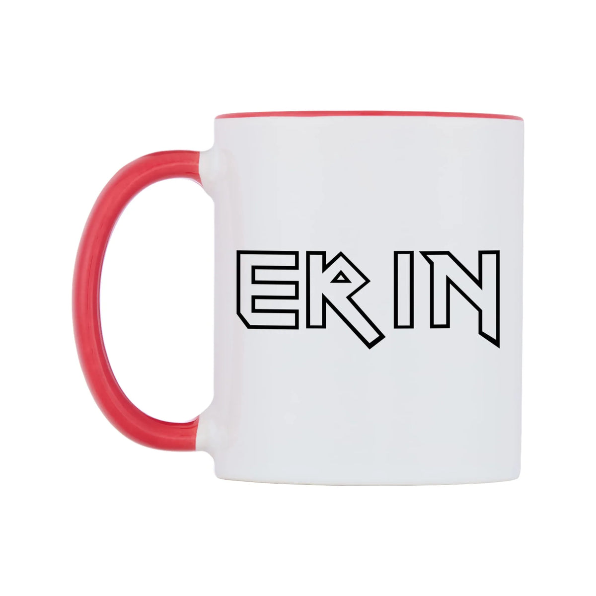 Erin - Iron Maiden Themed Mug — white 11oz gloss mug with a red inside and handle, right side, on a white background