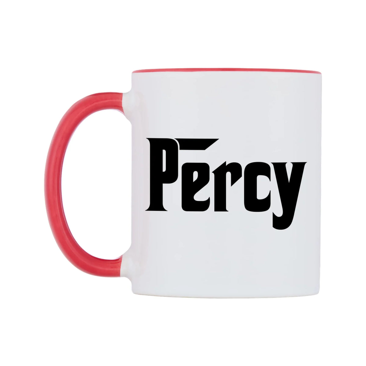 Percy - Godfather Themed Mug — white 11oz gloss mug with a red inside and handle, right side, on a white background
