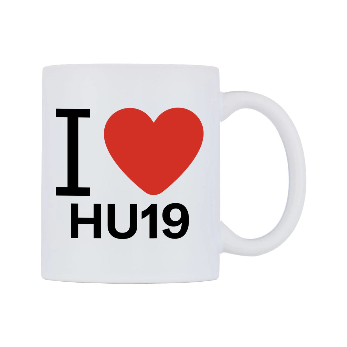 I Love HU19 Mug — white 11oz gloss mug, left side, on a white background