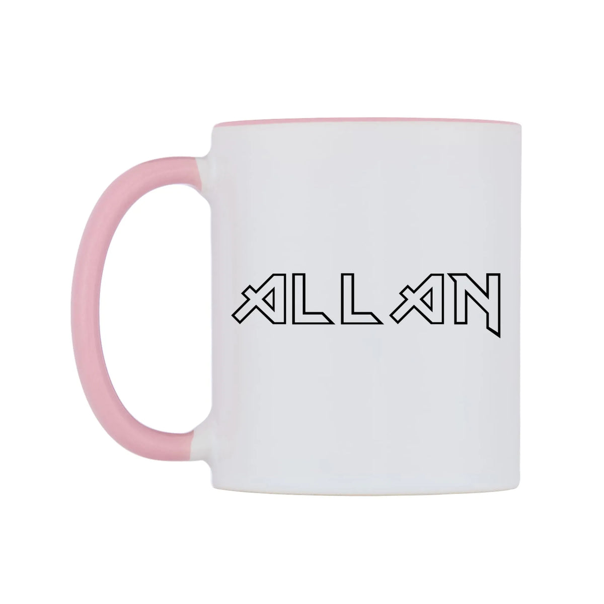 Allan - Iron Maiden Themed Mug — white 11oz gloss mug with a pink inside and handle, right side, on a white background