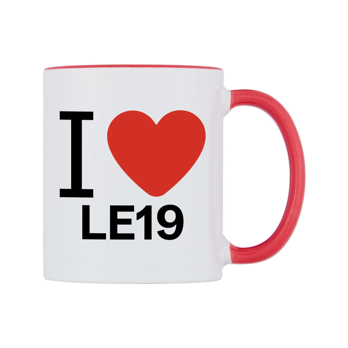 I Love LE19 Mug — white 11oz gloss mug with a red inside and handle, left side, on a white background