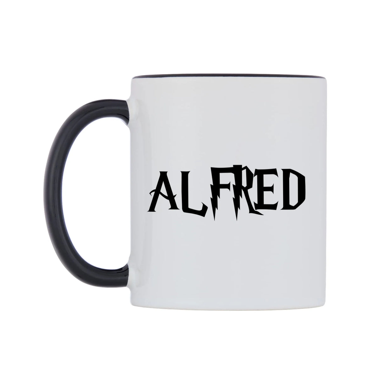 Alfred - Wizard Themed Mug — white 11oz gloss mug with a black inside and handle, right side, on a white background