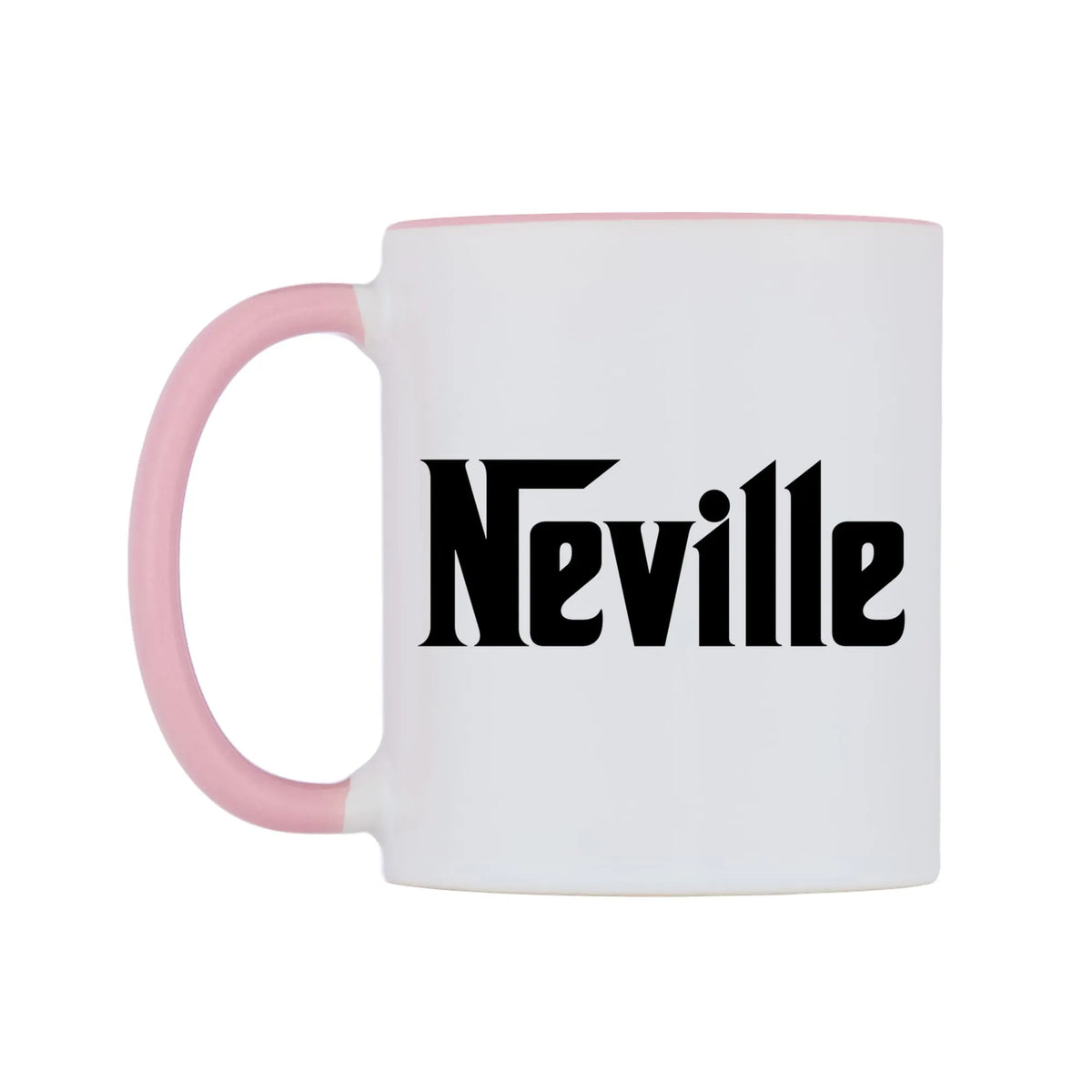 Neville - Godfather Themed Mug — white 11oz gloss mug with a pink inside and handle, right side, on a white background
