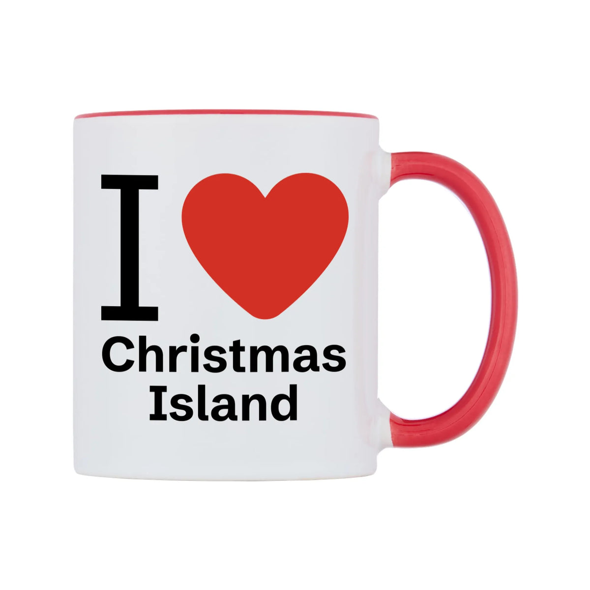 I Love Christmas Island Mug — white 11oz gloss mug with a red inside and handle, left side, on a white background