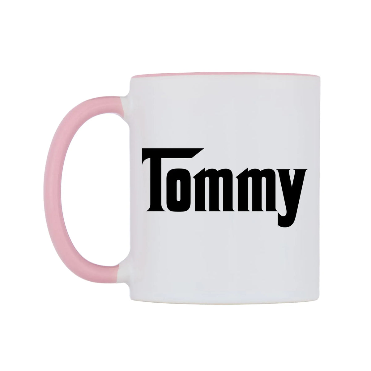 Tommy - Godfather Themed Mug — white 11oz gloss mug with a pink inside and handle, right side, on a white background
