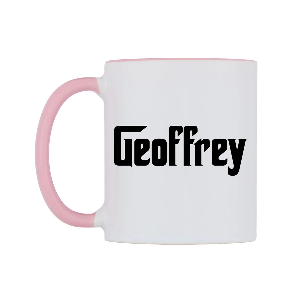 Geoffrey - Godfather Themed Mug — white 11oz gloss mug with a pink inside and handle, right side, on a white background
