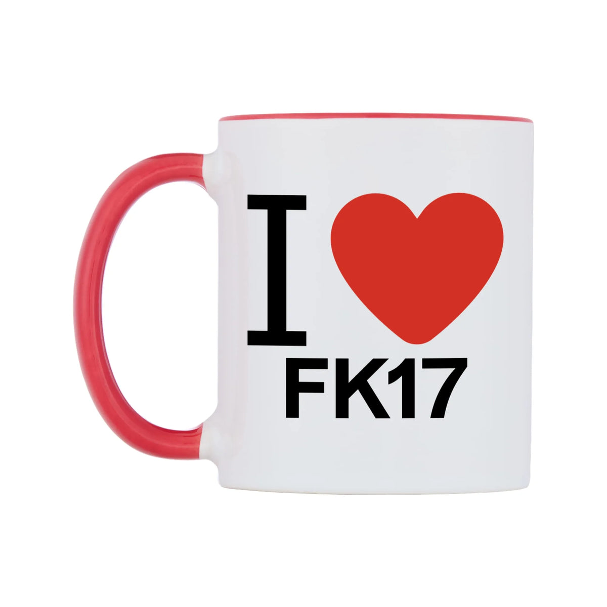 I Love FK17 Mug — white 11oz gloss mug with a red inside and handle, right side, on a white background