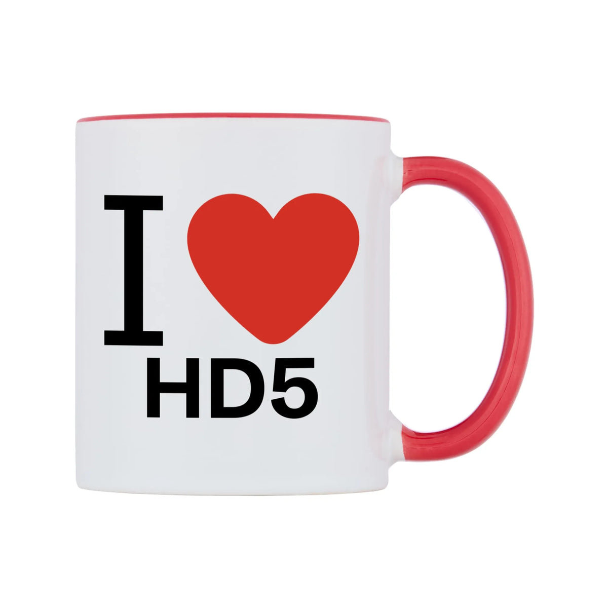 I Love HD5 Mug — white 11oz gloss mug with a red inside and handle, left side, on a white background
