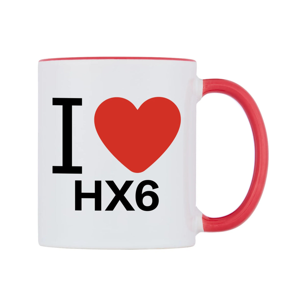 I Love HX6 Mug — white 11oz gloss mug with a red inside and handle, left side, on a white background