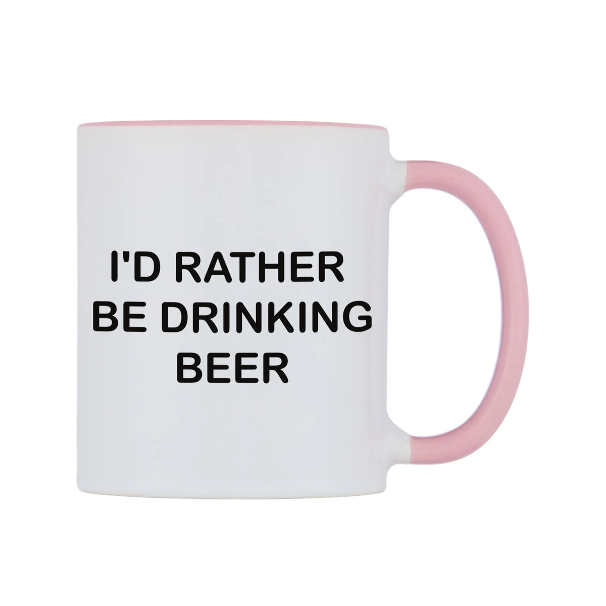 I'd Rather Be Drinking Beer Mug — white 11oz gloss mug with a pink inside and handle, left side, on a white background
