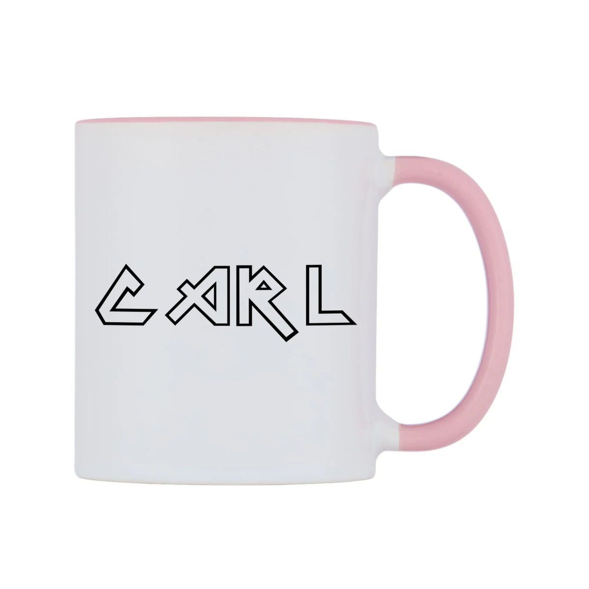 Carl - Iron Maiden Themed Mug — white 11oz gloss mug with a pink inside and handle, left side, on a white background