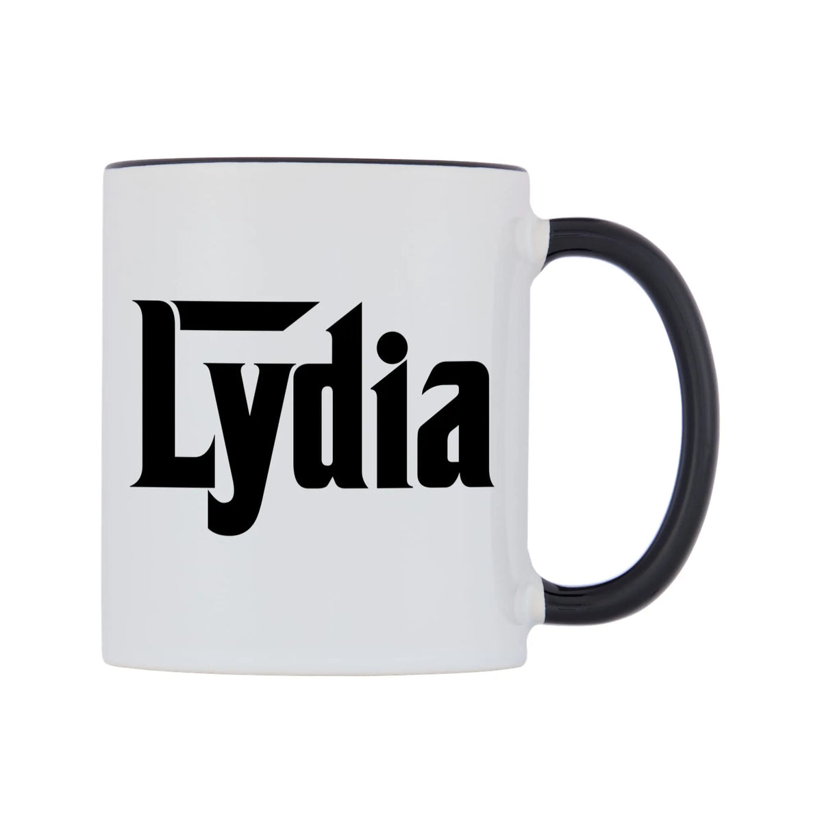 Lydia - Godfather Themed Mug — white 11oz gloss mug with a black inside and handle, left side, on a white background
