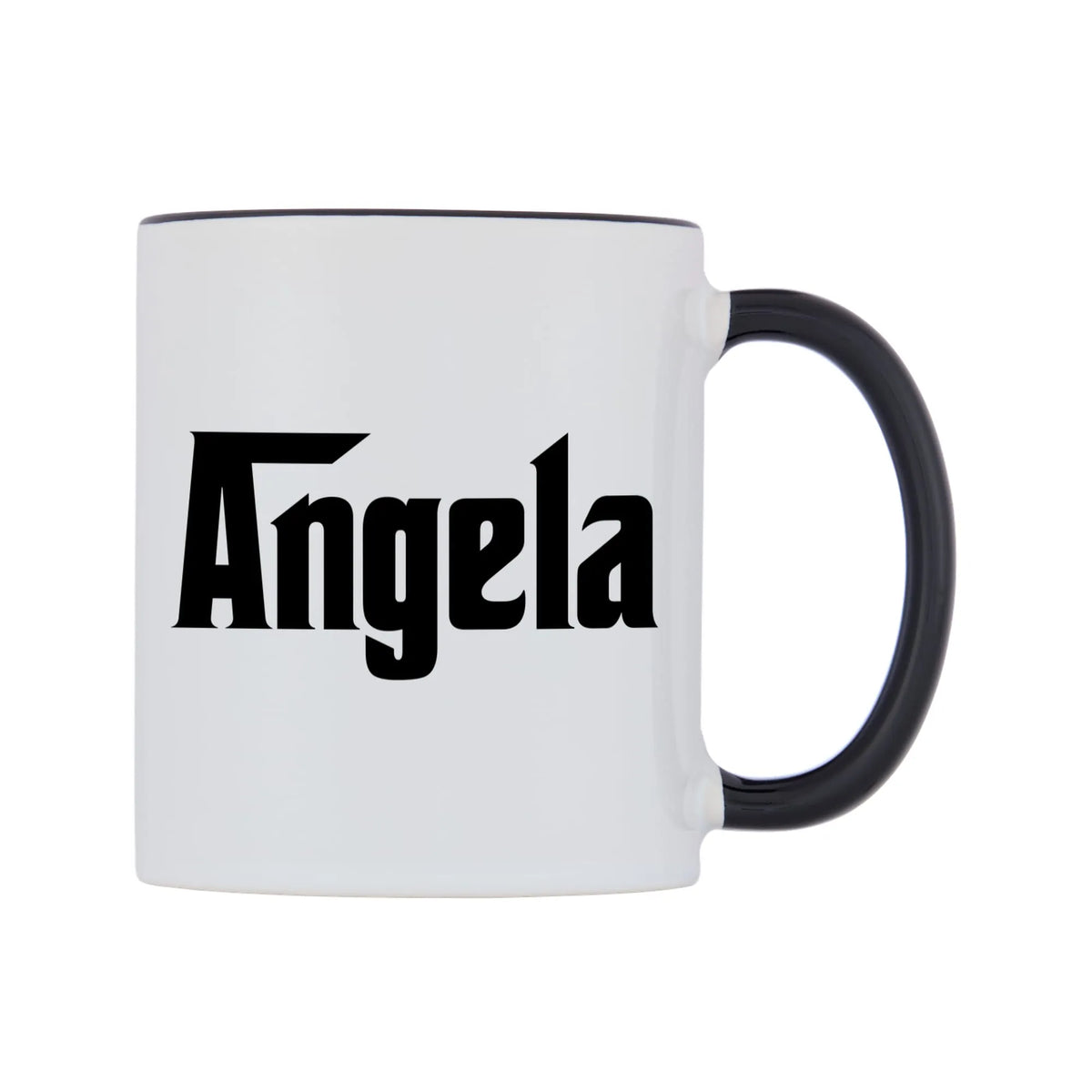 Angela - Godfather Themed Mug — white 11oz gloss mug with a black inside and handle, left side, on a white background