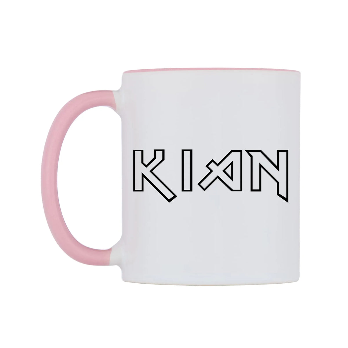 Kian - Iron Maiden Themed Mug — white 11oz gloss mug with a pink inside and handle, right side, on a white background