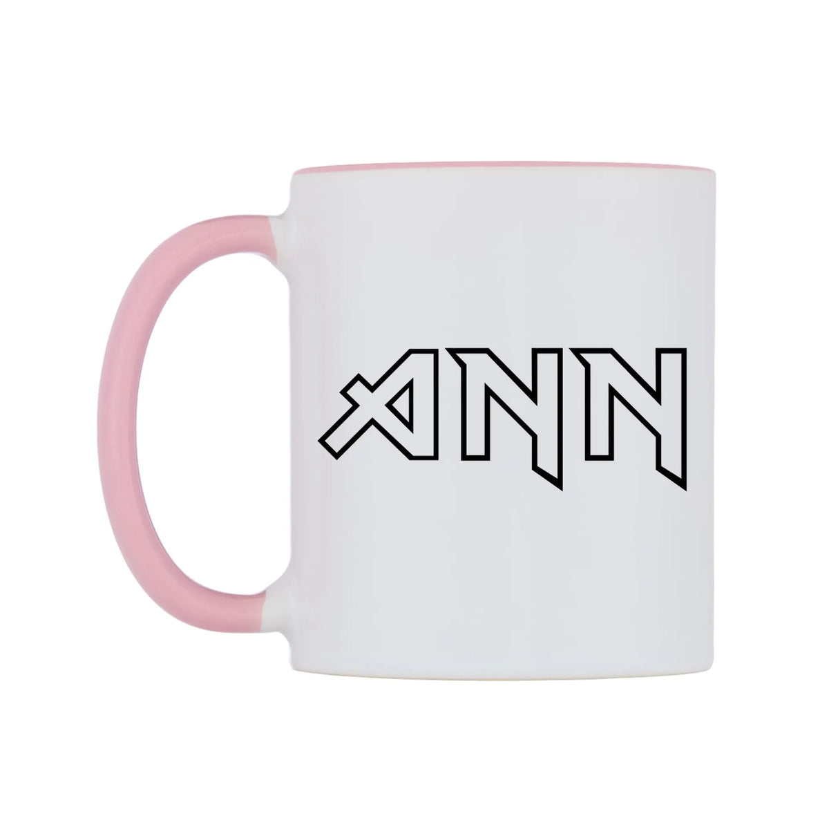 Ann - Iron Maiden Themed Mug — white 11oz gloss mug with a pink inside and handle, right side, on a white background