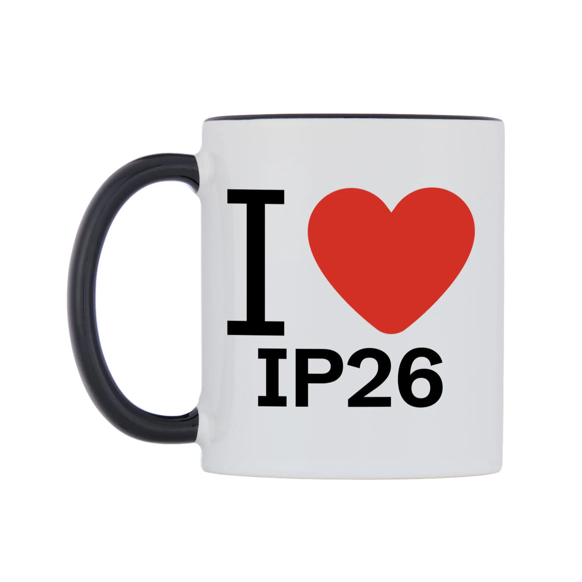 I Love IP26 Mug — white 11oz gloss mug with a black inside and handle, right side, on a white background