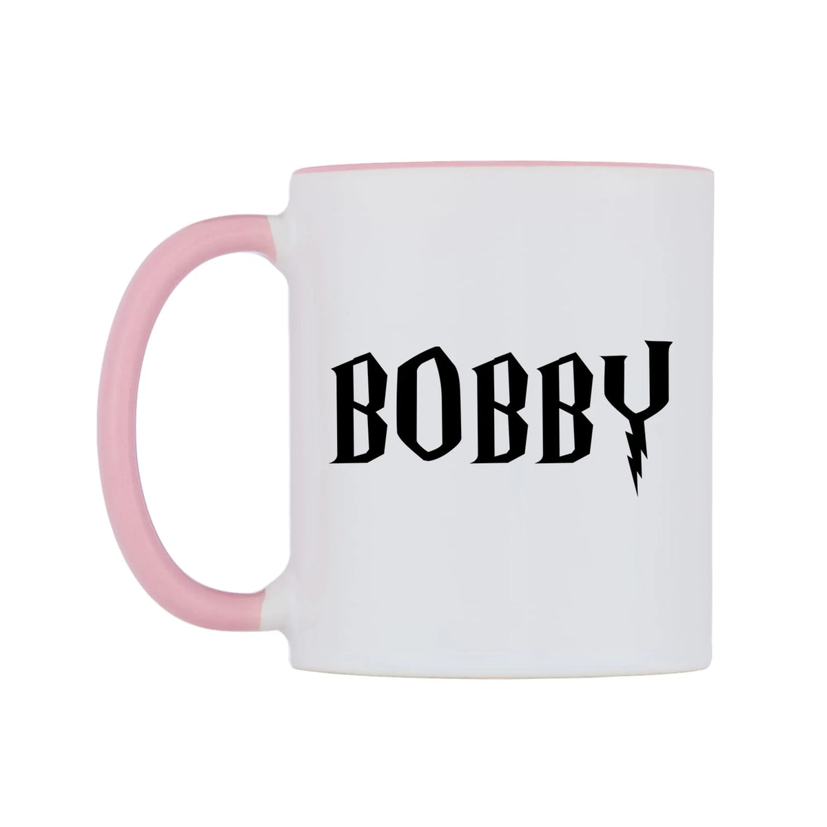 Bobby - Wizard Themed Mug — white 11oz gloss mug with a pink inside and handle, right side, on a white background