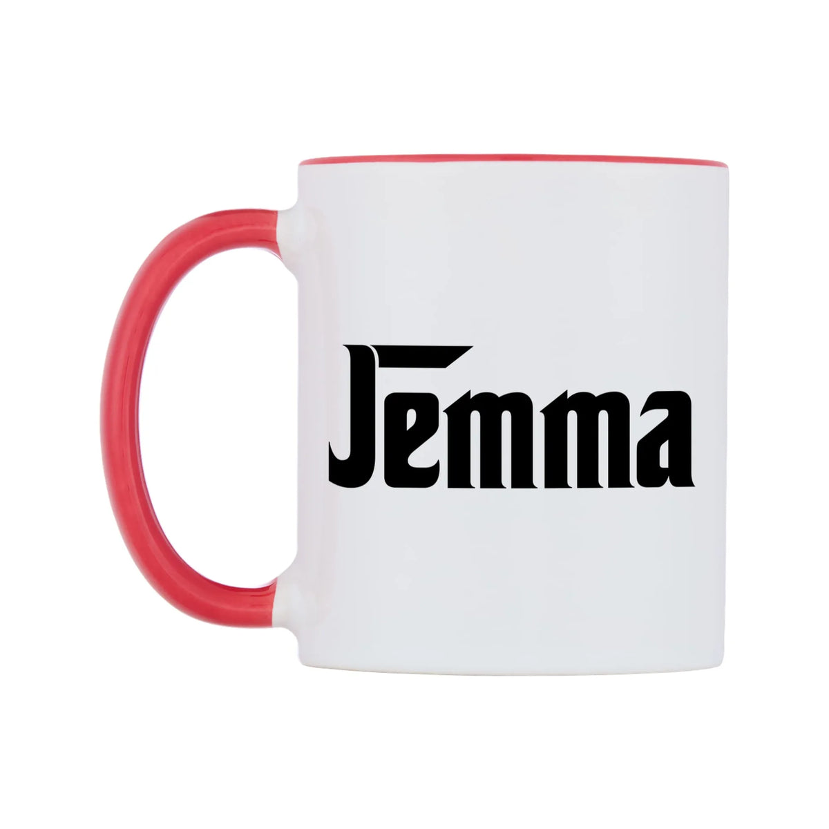 Jemma - Godfather Themed Mug — white 11oz gloss mug with a red inside and handle, right side, on a white background