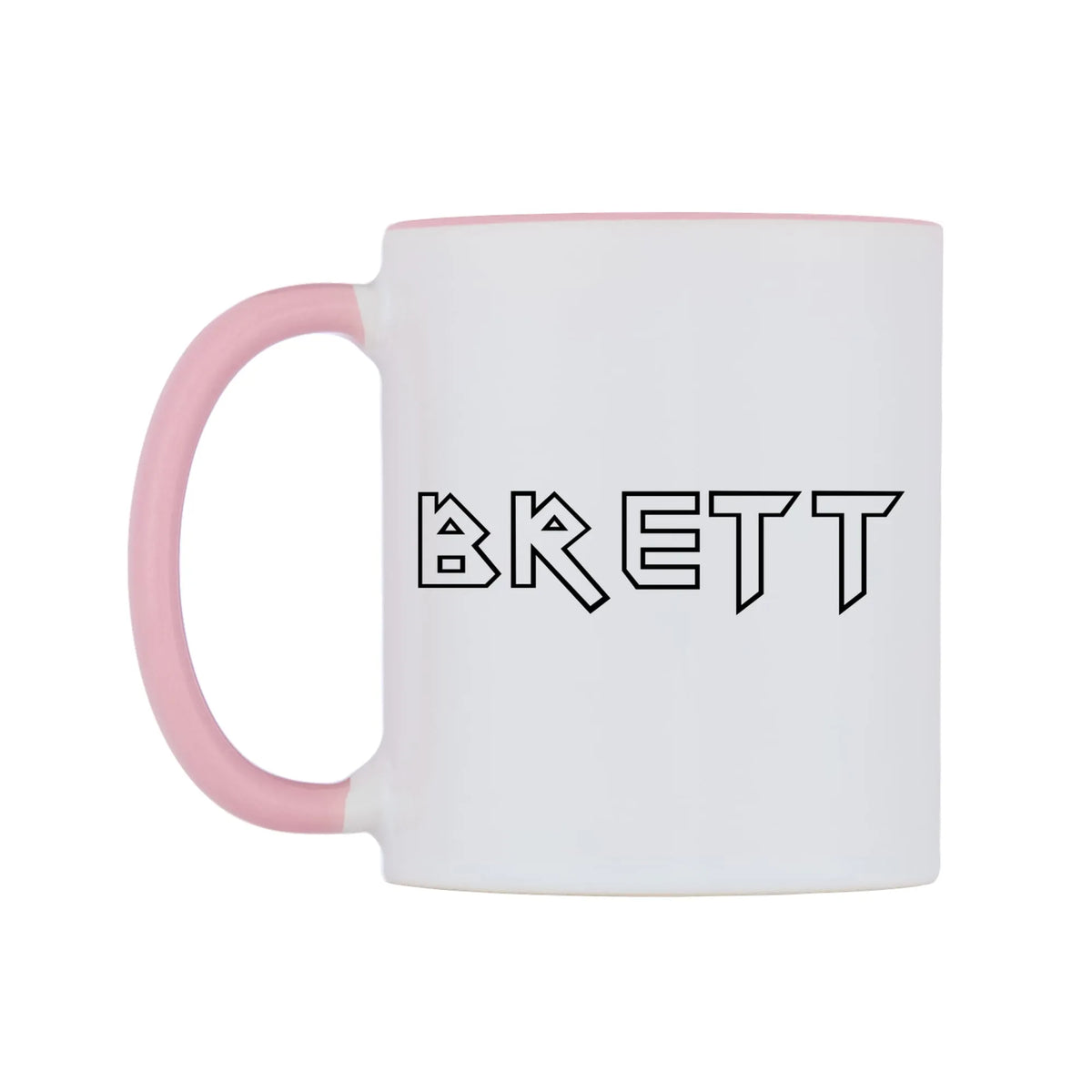 Brett - Iron Maiden Themed Mug — white 11oz gloss mug with a pink inside and handle, right side, on a white background