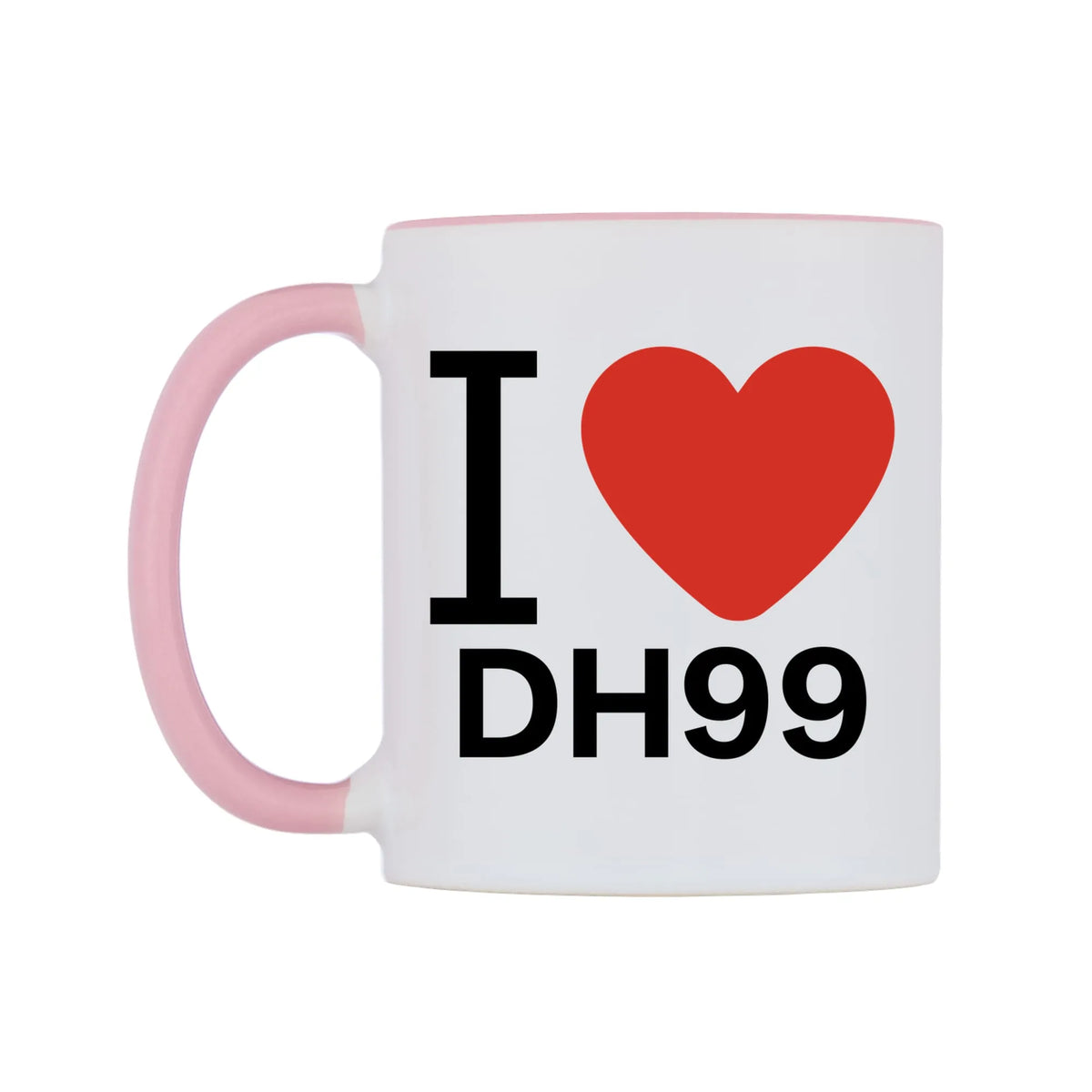 I Love DH99 Mug — white 11oz gloss mug with a pink inside and handle, right side, on a white background