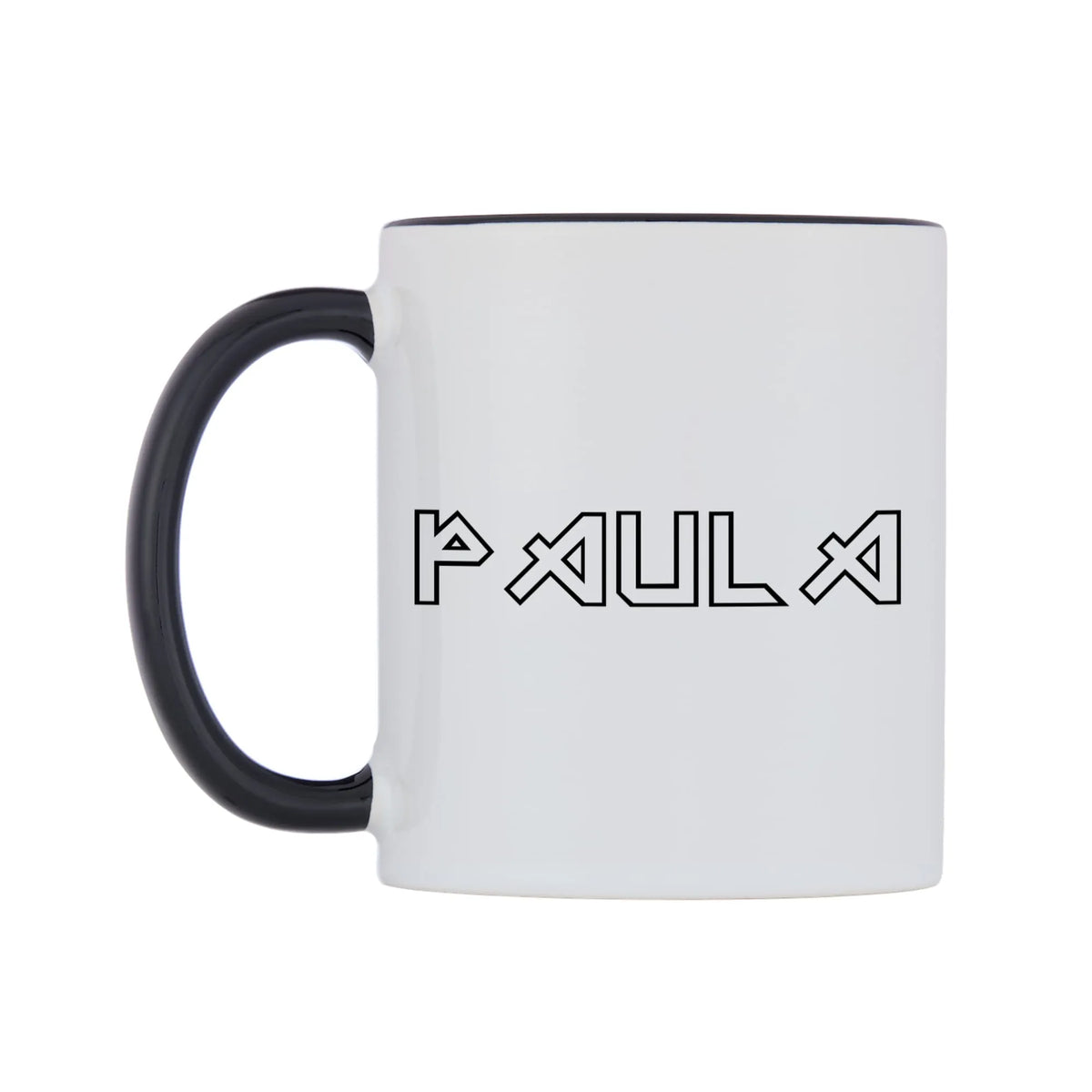 Paula - Iron Maiden Themed Mug — white 11oz gloss mug with a black inside and handle, right side, on a white background
