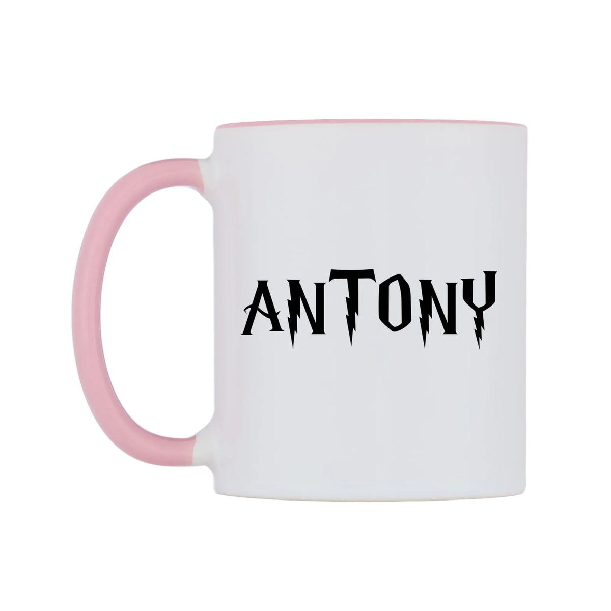 Antony - Wizard Themed Mug — white 11oz gloss mug with a pink inside and handle, right side, on a white background