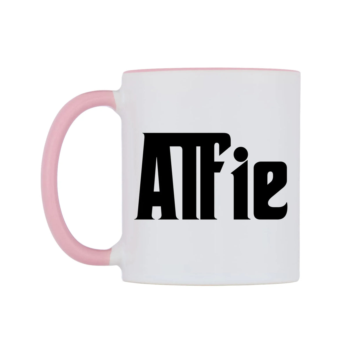 Alfie - Godfather Themed Mug — white 11oz gloss mug with a pink inside and handle, right side, on a white background