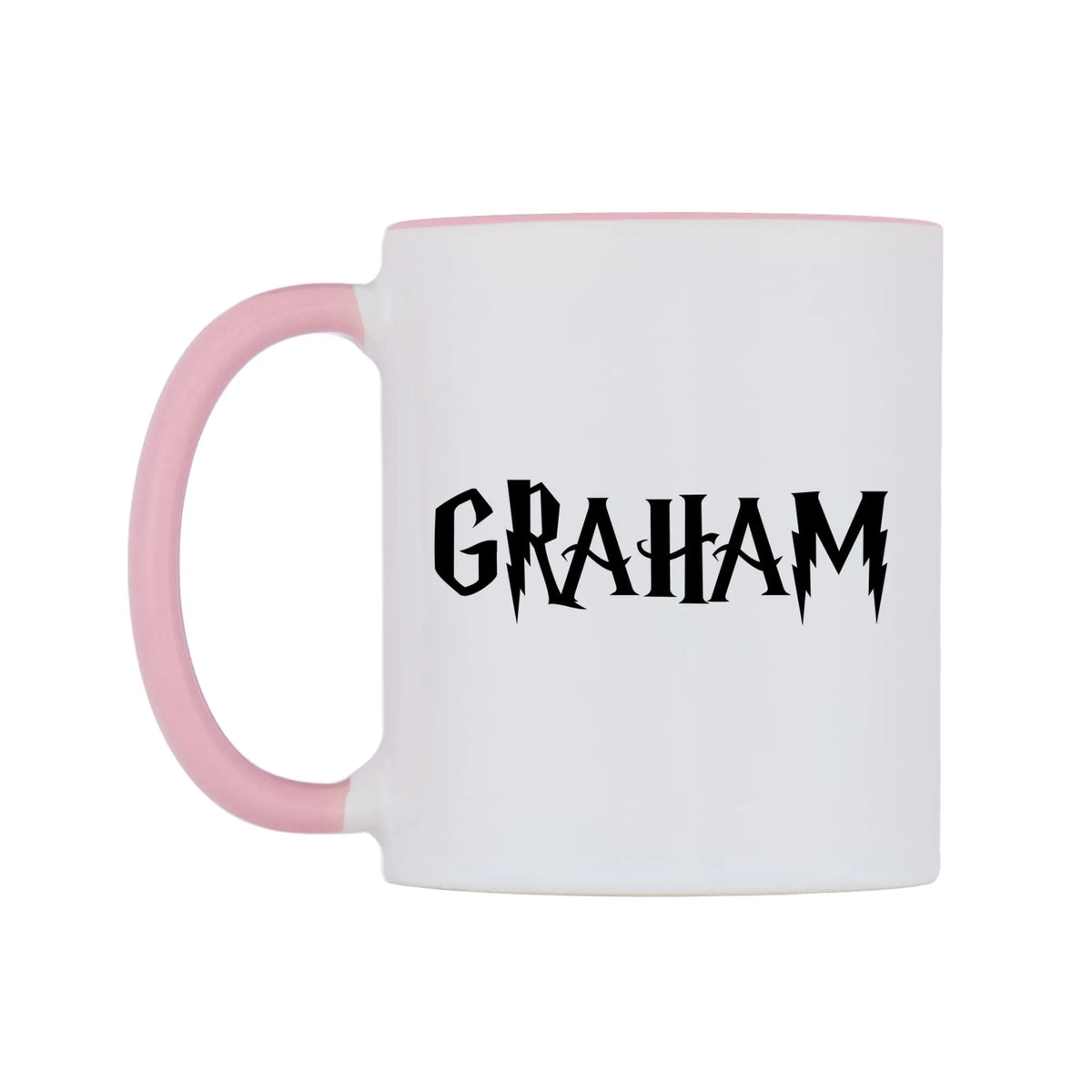 Graham - Wizard Themed Mug — white 11oz gloss mug with a pink inside and handle, right side, on a white background