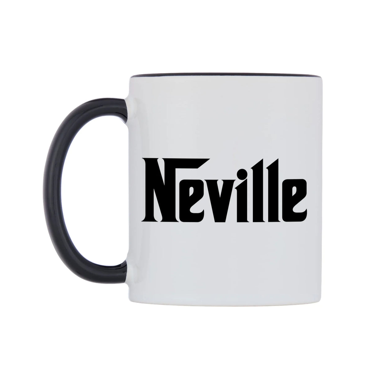 Neville - Godfather Themed Mug — white 11oz gloss mug with a black inside and handle, right side, on a white background