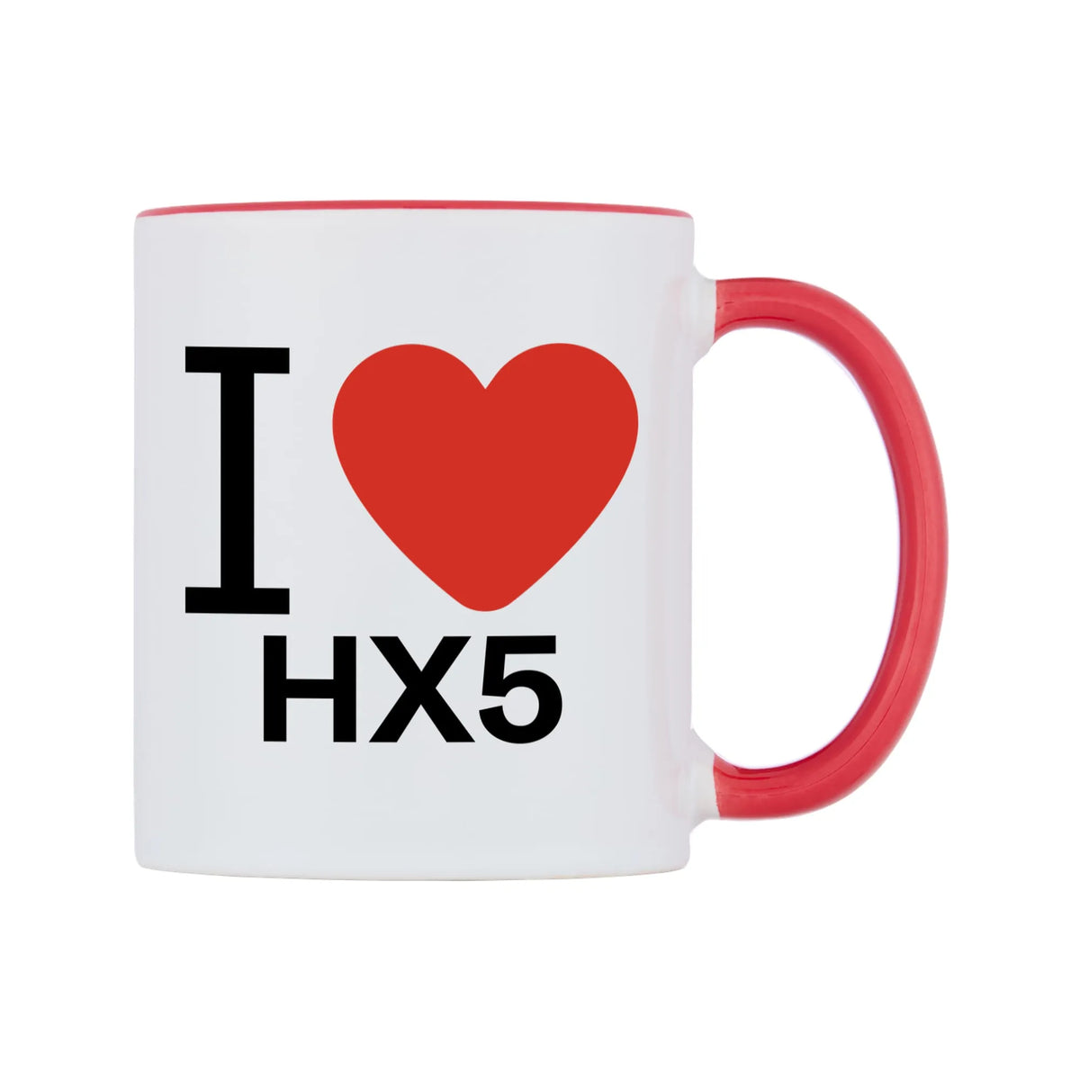 I Love HX5 Mug — white 11oz gloss mug with a red inside and handle, left side, on a white background