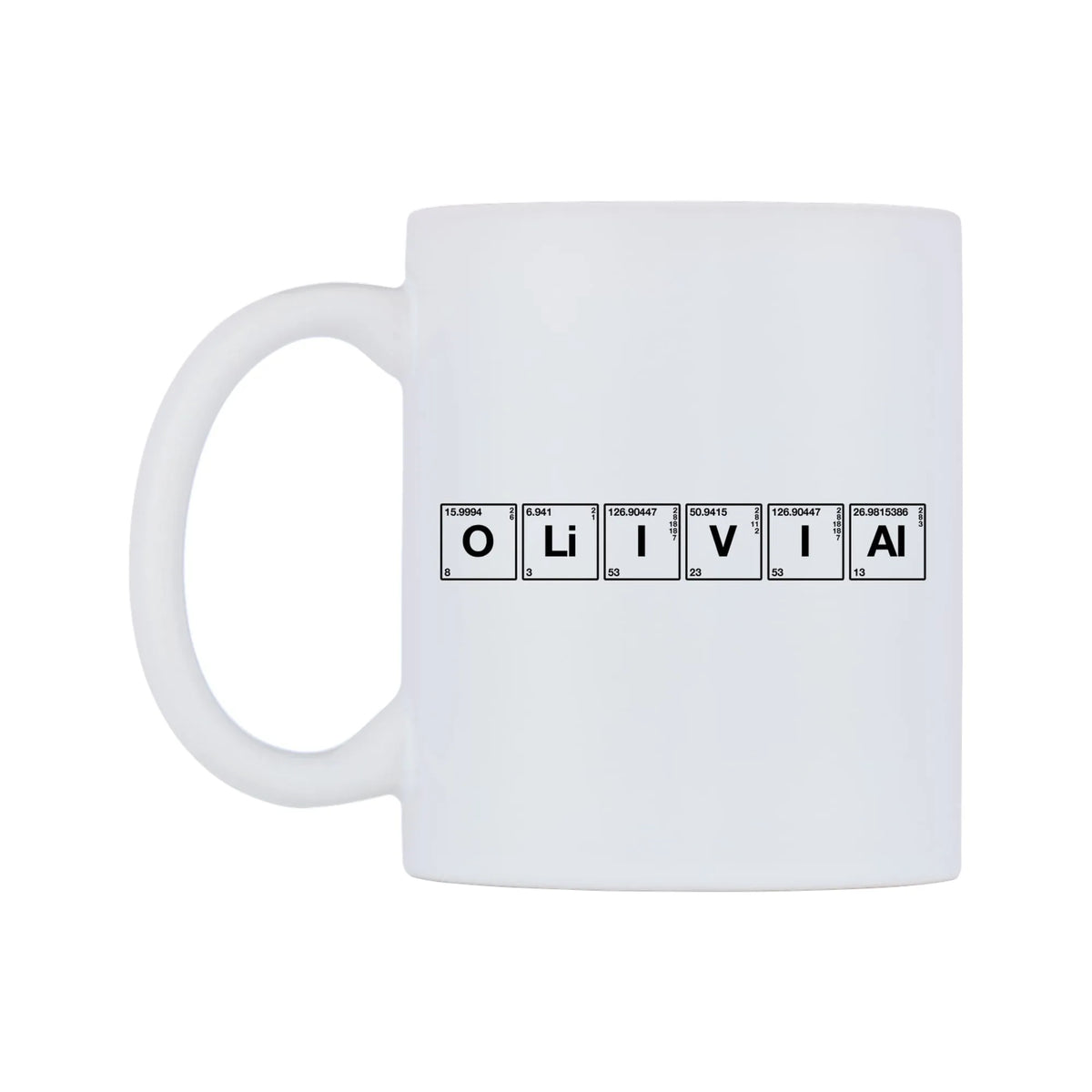 Olivia - Chemistry Themed Mug — mug, right side, on a white background