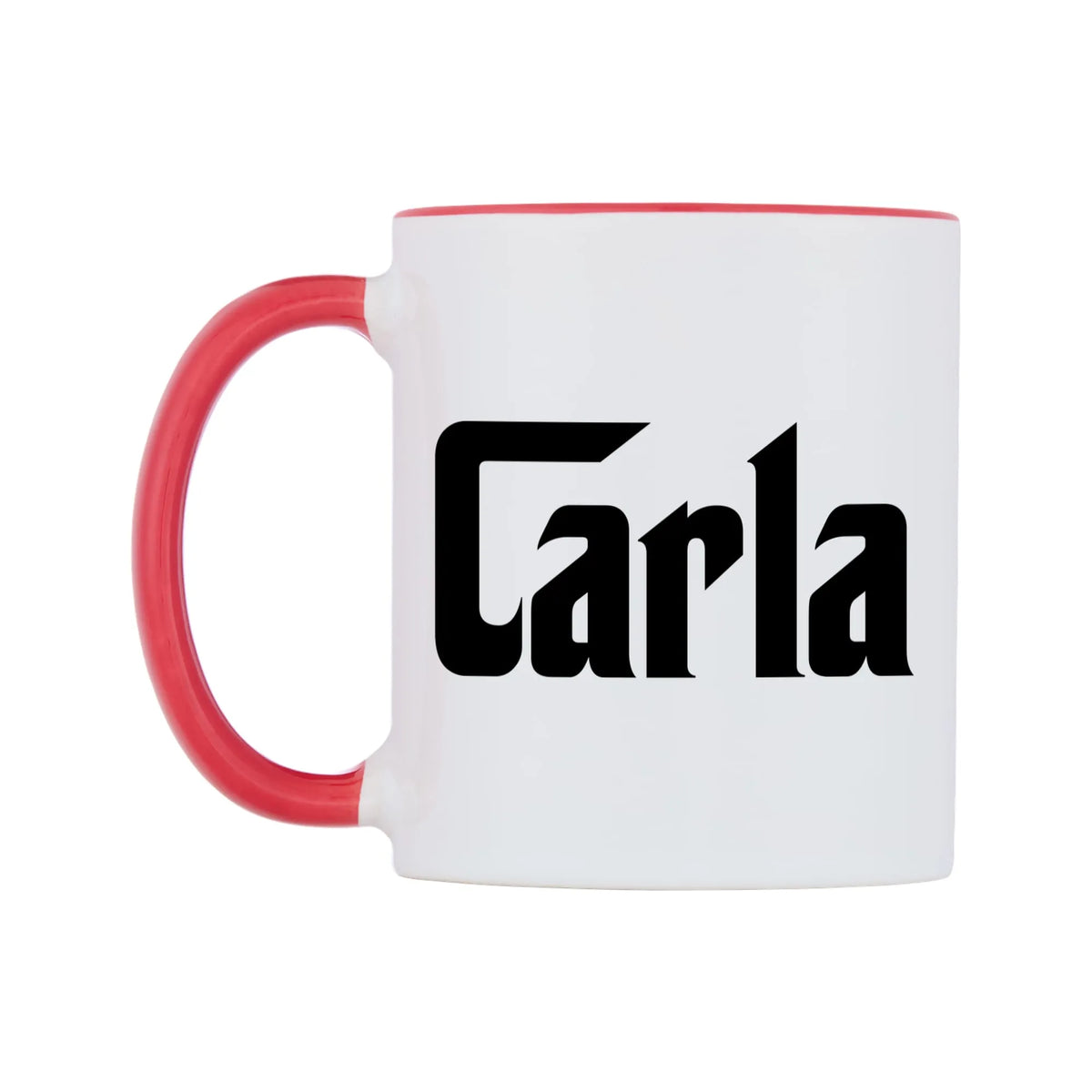 Carla - Godfather Themed Mug — white 11oz gloss mug with a red inside and handle, right side, on a white background