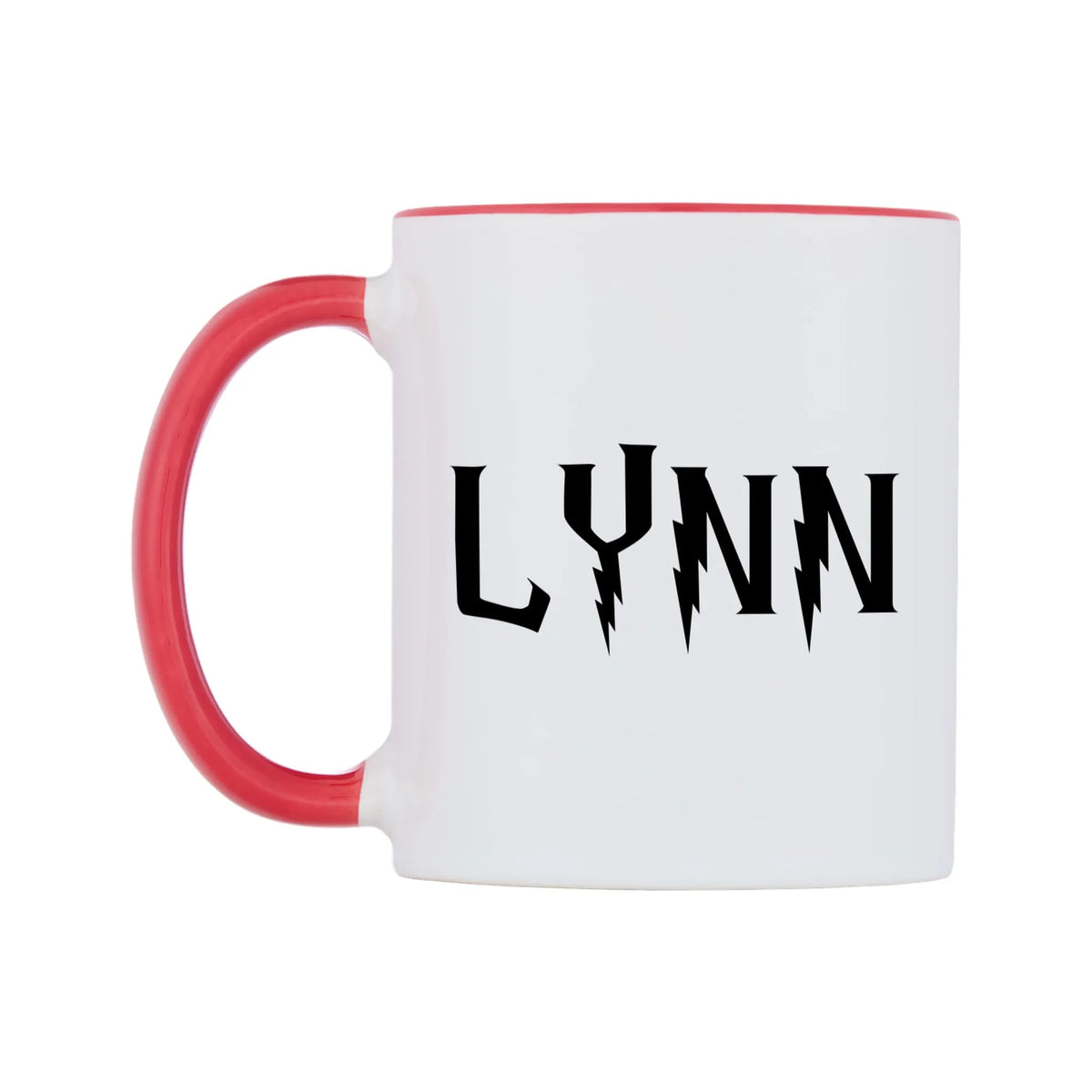 Lynn - Wizard Themed Mug — white 11oz gloss mug with a red inside and handle, right side, on a white background