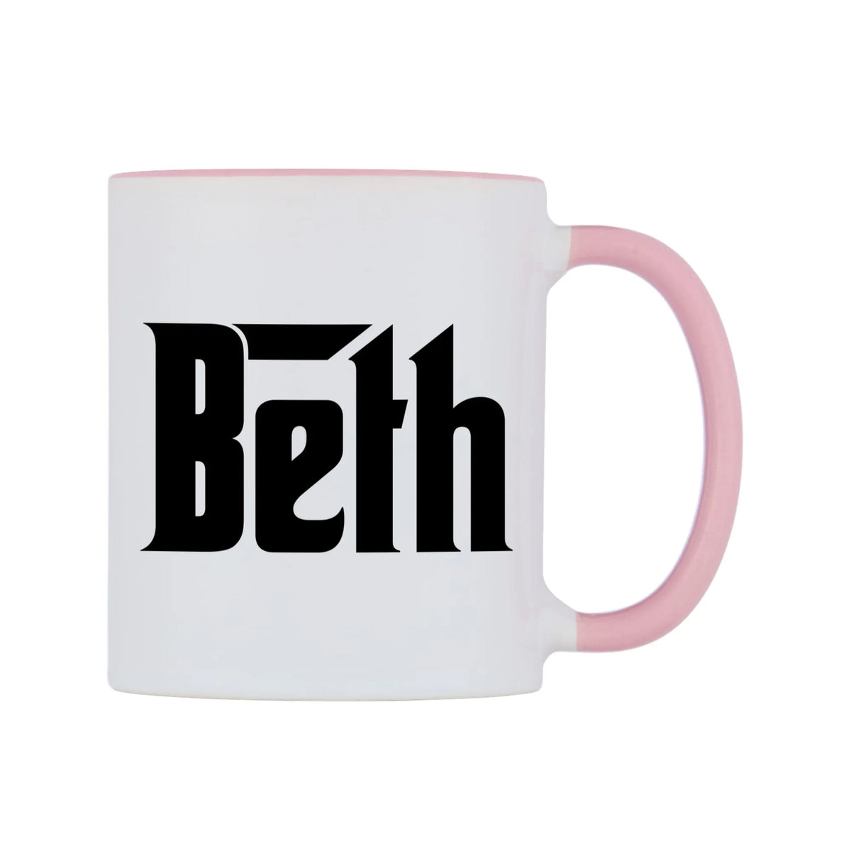 Beth - Godfather Themed Mug — white 11oz gloss mug with a pink inside and handle, left side, on a white background