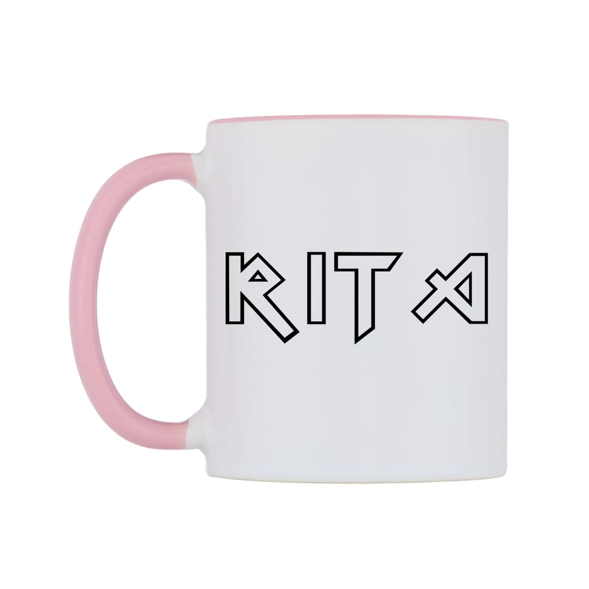 Rita - Iron Maiden Themed Mug — white 11oz gloss mug with a pink inside and handle, right side, on a white background
